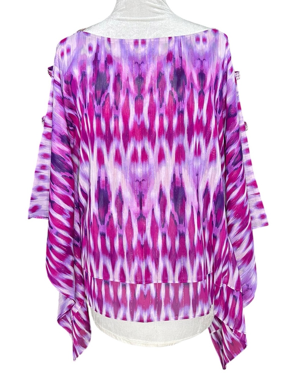 Chico's Travelers Collection Purple Ikat Cold Shoulder Poncho Blouse. Size 1